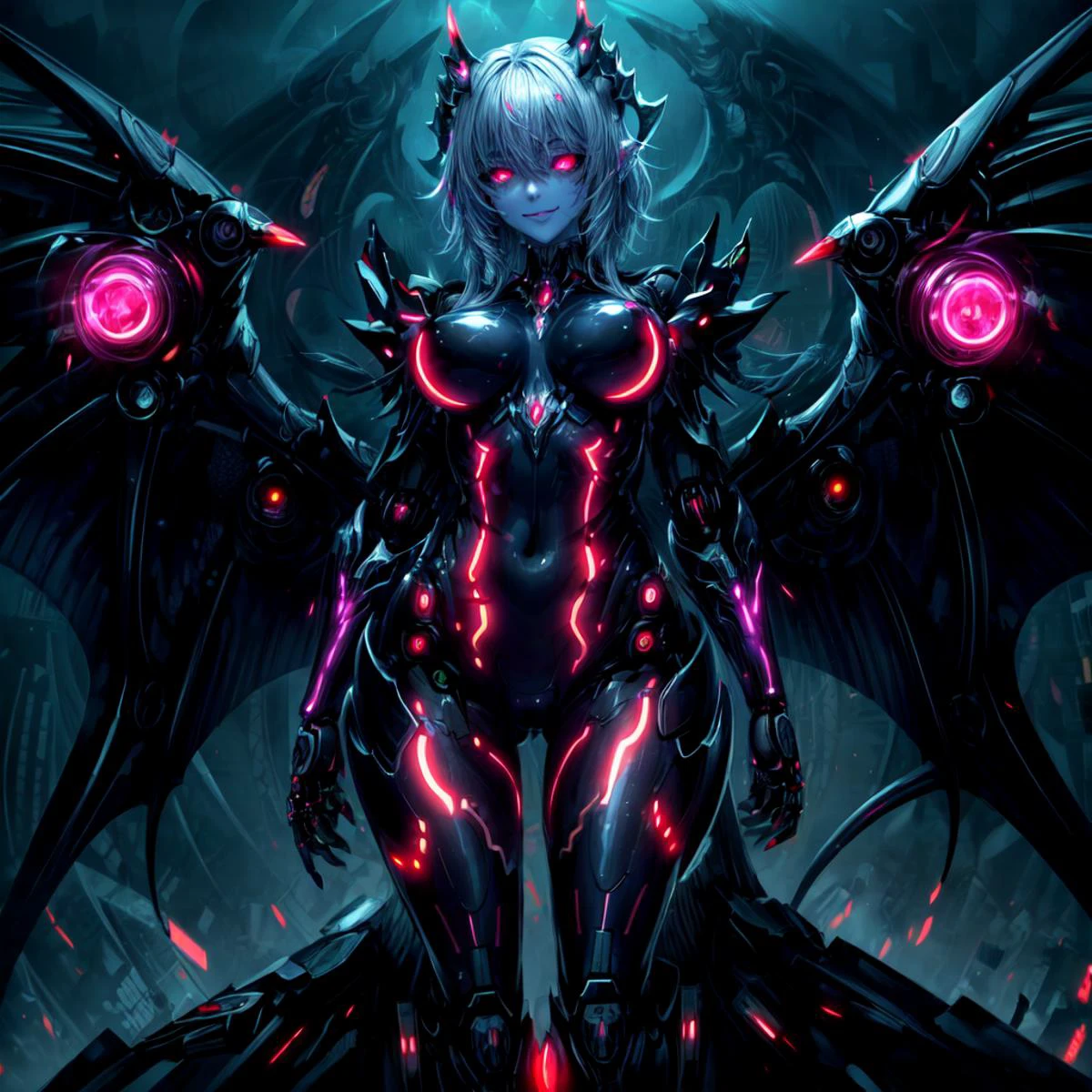 a beautiful robotic cyberwoman, (short white hair), mgedemon, (body suit made of thousands of glowing transistors: 1.4), delicate parts, fractal art, colorful, digital painting, (masterpiece: 1.3 ), highly detailed, ultra detailed,high res,(white robotic wings),black sclera, (glowing lights and leds:1.3), (robotic breasts with glowing LEDs :1.2), medium breasts, (nsfw),(background:an elaborate dark cityscape: 1.1), (detailed glowing eyes :1.2), intimidating , solo focus, standing on top of a pile of robotic skulls,full body shot, view from below,psychotic smile<lora:mecha_v1:.6> <lora:mgedemon-000005:1> <lora:more_details:1>
