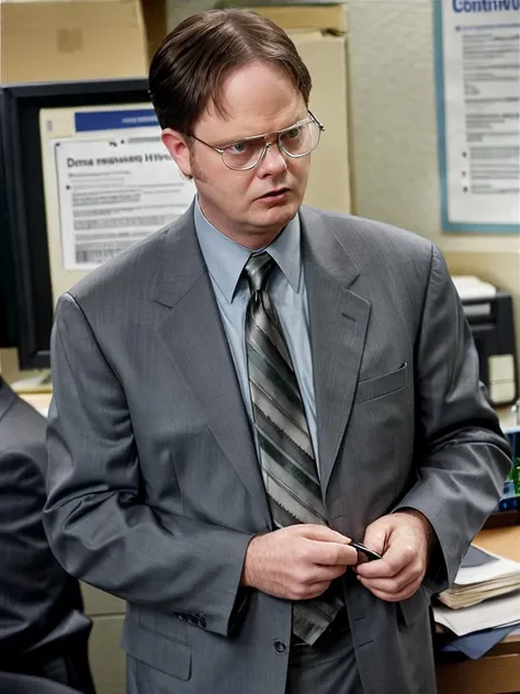 dwightschrute portrait photo of a man wearing glasses and gray suit with blue shirt, holding a stapler, angry, standing in the office, high quality, very sharp, professional photography <lora:hjdwightschrute_v10:0.8>