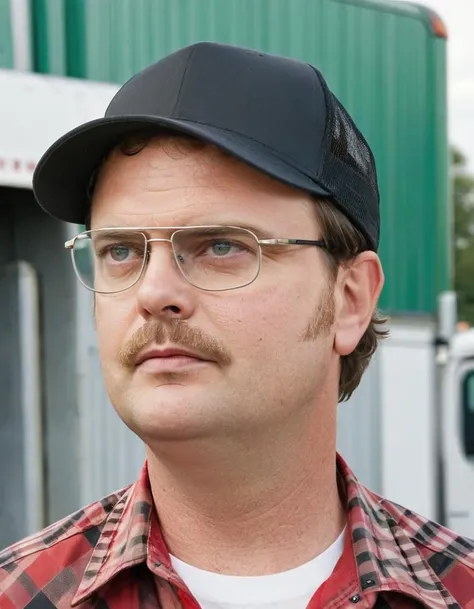 dwightschrute portrait photo of a trucker man with a (mullet haircut:1.2) and (mustache:1.2) wearing baseball hat and (red checkered shirt:1.2), parking lot with semi trucks in the background, high quality, very sharp, professional photography <lora:hjdwightschrute_v10xl:0.7>