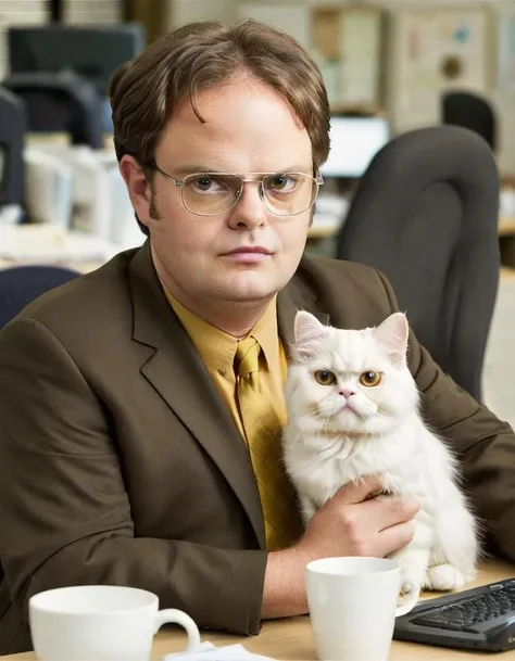 dwightschrute portrait photo of a man wearing glasses and brown suit with mustard shirt, holding a white persian cat, sitting by the office desk, high quality, very sharp, professional photography <lora:hjdwightschrute_v10xl:0.8>