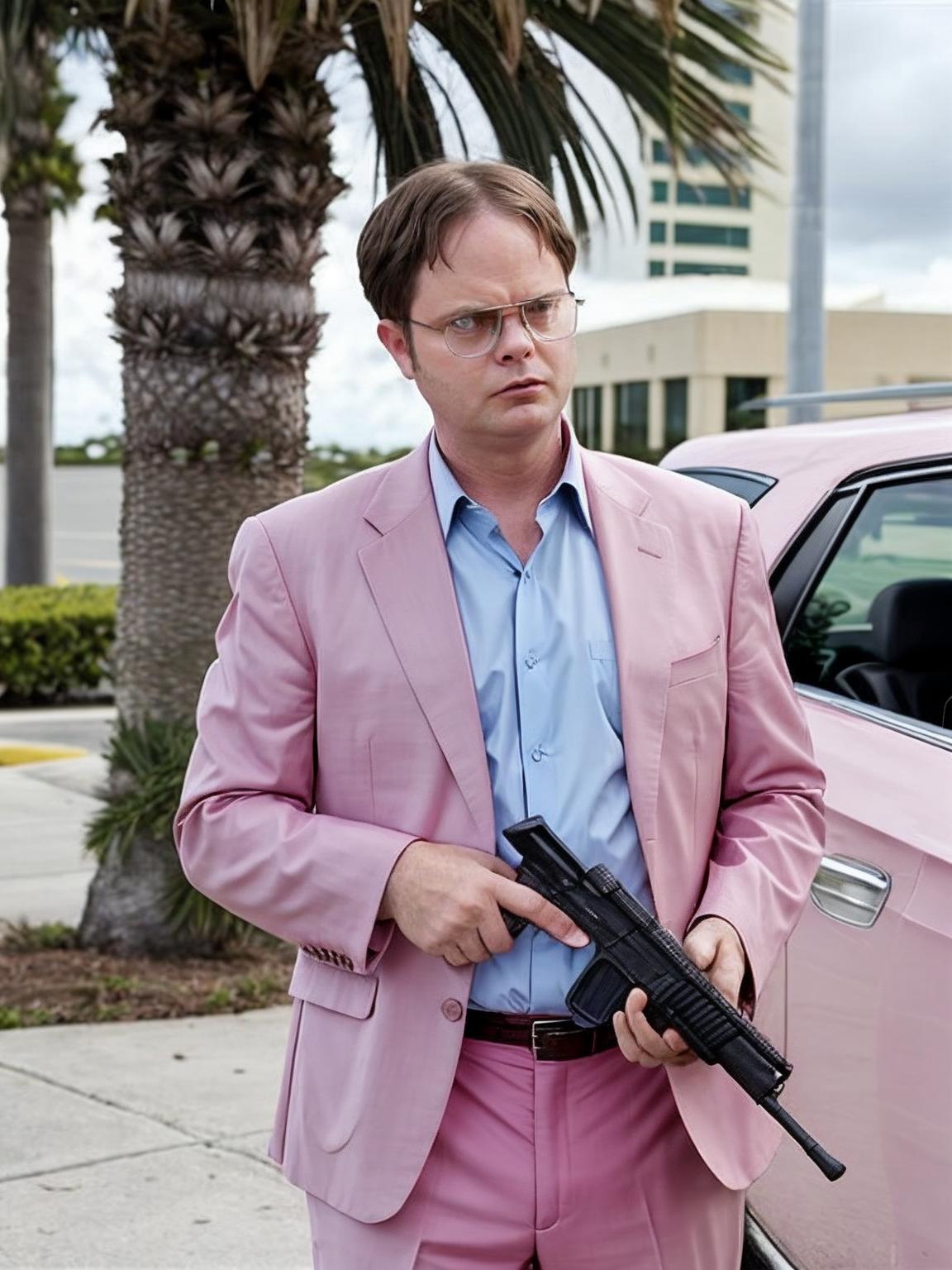 Arafed man in pink suit holding a gun in front of a pink car - SeaArt AI