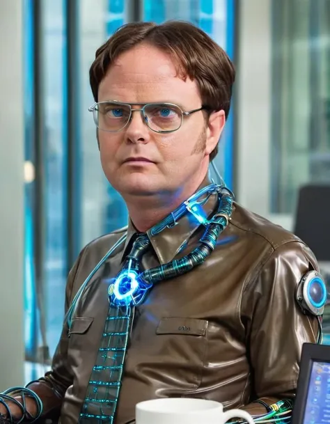 (dwightschrute:1.2) portrait photo of a man wearing glasses and cyberpunk brown latex suit chrome gray shirt and blue tie, glow wire, cyberware implants on the face and (metal prosthetic arm:1.2), sitting in the futuristic office with (arasaka tower:1.2) behind the window with shutters in the background, high quality, very sharp, professional photography <lora:hjdwightschrute_v10xl:0.9>  <lora:cyberpunk_xl_v1:0.6>