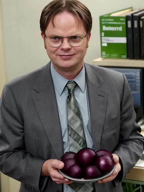 dwightschrute portrait photo of a man wearing glasses and gray suit with blue shirt, holding beetroots, smiling, standing in the office, high quality, very sharp, professional photography <lora:hjdwightschrute_v10:0.8>