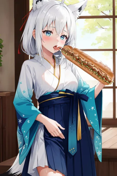 (masterpiece, best quality),  intricate details,
1girl,    <lora:shirakami fubuki 8 outfits:0.8> white hair, single side braid, ahoge, fox tail, , fubukinewyears, white kimono, blue bow, blue hakama, japanese clothes, hair flower, 
sweating, cleavage, boob sweat, 
small breasts, 
 <lora:eatfresh2-35:1> eatfresh, freshcock, fellatio, licking, sandwich