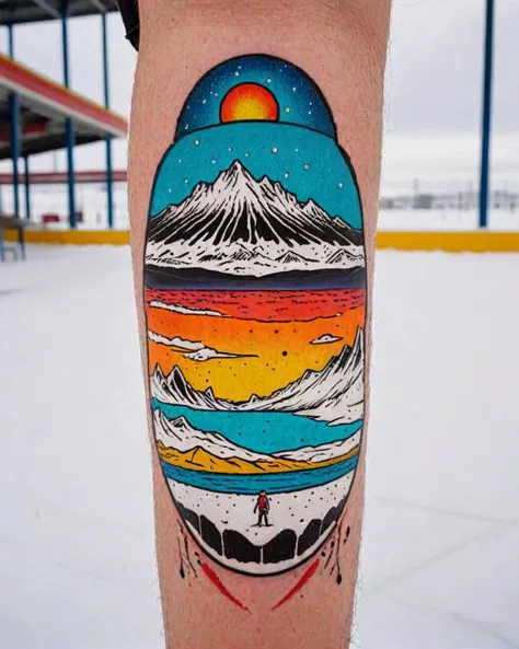 <lora:Andrew:1> Andrew, (art by OSGEMEOS:1.0) and Rone, tattoo of a landscape of a Morbid Salt Flat from inside of a Skate park, Snowy, Hyperpop, spotlight, F/2.8, behance