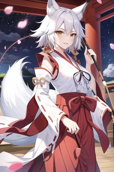 (masterpiece:1,2),best quality,masterpiece,highres,original,extremely detailed wallpaper,perfect lighting,(extremely detailed CG:1.2),drawing,paintbrush,
1girl,animal ears,tail,solo,japanese clothes,fox ears,white hair,fox tail,yellow eyes,looking at viewer,
miko, ribbon-trimmed sleeves, side slit, hakama skirt,
outdoors,cherry blossoms,(night sky:1.1),full moon,petals,star (sky),(cloud:1.1),
<lora:hzg:0.9>,