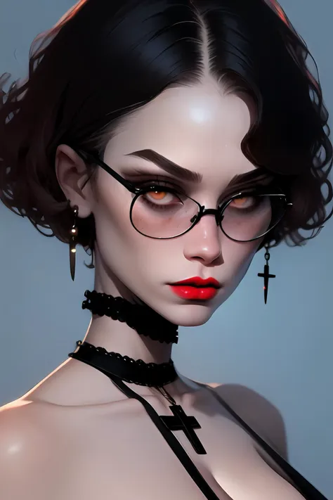 portrait, rendered,
(masterpiece), best quality, expressive eyes, perfect face, a woman with a cross on her neck and red eyeglasses, 1girl, solo, black hair, curly hair, bobcut redhead, looking at viewer, choker, red lips, glasses, upper body,  cross, bare shoulders, red-framed eyewear, shirt, cleavage,
high quality, best quality,   <lora:portraitfixerv2:1>