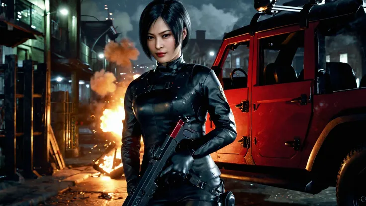 Horror-themed 8K,UHD,wallpaper,best quality,masterpiece,photo realistic,Highly detailed,blurry background,sharp focus,physically-based rendering,intricate detailed,studio lighting,
(((1 girl))),(((20 years))),(((Ada Wong character))),(((young))),Full body,shiny skin,determined,medium hair,beautiful face,thick lips,nice even teeth,black hair,((brown eyes)),bright pupils,medium breasts,cleavage,white skin,smooth skin,(detailed hand),(detailed fingers),(hips),2 legs,(((Resident Evil,  Black leather shoulderless fighting Suit))),(((metal armer))),(((gloves))),(((short boots))),(((aiming))),(((some blood on face))),(((pump action Shotgun))),(((grenade))),(((gun holster))),(((red lipstick))),(((polic badge on her right arm))),solo,add more details,<lora:re ada wong:0.7>,re ada wong,
city night view,street view,high building,neno light,(((1 girl,pump action Shotgun,magazine,grenade,posed in front of  Jeep 4X4 ))),Jeep 4X4 open roof,ground vehicle,military,pilot,propeller,sky,weapon,wind,midnight,Helicopter in background,((Helicopter off ground)),other soldiers surround,fire,black smoke,portrait,lower_body,close-up,upshorts,dutch angle, . Eerie, unsettling, dark, spooky, suspenseful, grim, highly detailed