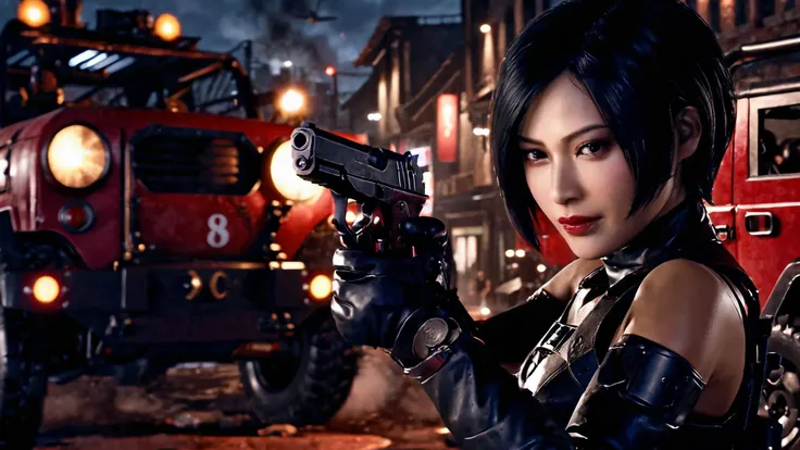 neonpunk style 8K,UHD,wallpaper,best quality,masterpiece,photo realistic,Highly detailed,blurry background,sharp focus,physically-based rendering,intricate detailed,studio lighting,
(((1 girl))),(((20 years))),(((Ada Wong character))),(((young))),Full body,shiny skin,determined,medium hair,beautiful face,thick lips,nice even teeth,black hair,((brown eyes)),bright pupils,medium breasts,cleavage,white skin,smooth skin,(detailed hand),(detailed fingers),(hips),2 legs,(((Resident Evil,  Black leather shoulderless fighting Suit))),(((metal armer))),(((gloves))),(((short boots))),(((aiming))),(((some blood on face))),(((pump action Shotgun))),(((grenade))),(((gun holster))),(((red lipstick))),(((polic badge on her right arm))),solo,add more details,<lora:re ada wong:0.7>,re ada wong,
city night view,street view,high building,neno light,(((1 girl,pump action Shotgun,magazine,grenade,posed in front of  Jeep 4X4 ))),Jeep 4X4 open roof,ground vehicle,military,pilot,propeller,sky,weapon,wind,midnight,Helicopter in background,((Helicopter off ground)),other soldiers surround,fire,black smoke,portrait,lower_body,close-up,upshorts,dutch angle, . cyberpunk, vaporwave, neon, vibes, vibrant, stunningly beautiful, crisp, detailed, sleek, ultramodern, magenta highlights, dark purple shadows, high contrast, cinematic, ultra detailed, intricate, professional