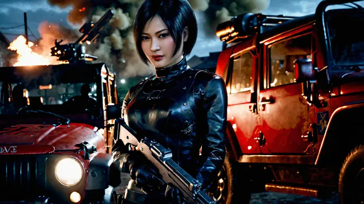 Horror-themed 8K,UHD,wallpaper,best quality,masterpiece,photo realistic,Highly detailed,blurry background,sharp focus,physically-based rendering,intricate detailed,studio lighting,
(((1 girl))),(((20 years))),(((Ada Wong character))),(((young))),Full body,shiny skin,determined,medium hair,beautiful face,thick lips,nice even teeth,black hair,((brown eyes)),bright pupils,medium breasts,cleavage,white skin,smooth skin,(detailed hand),(detailed fingers),(hips),2 legs,(((Resident Evil,  Black leather shoulderless fighting Suit))),(((metal armer))),(((gloves))),(((short boots))),(((aiming))),(((some blood on face))),(((pump action Shotgun))),(((grenade))),(((gun holster))),(((red lipstick))),(((polic badge on her right arm))),solo,add more details,<lora:re ada wong:0.7>,re ada wong,
city night view,street view,high building,neno light,(((1 girl,pump action Shotgun,magazine,grenade,posed in front of  Jeep 4X4 ))),Jeep 4X4 open roof,ground vehicle,military,pilot,propeller,sky,weapon,wind,midnight,Helicopter in background,((Helicopter off ground)),other soldiers surround,fire,black smoke,portrait,lower_body,close-up,upshorts,dutch angle, . Eerie, unsettling, dark, spooky, suspenseful, grim, highly detailed