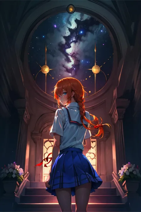 Highly detailed, High Quality, Masterpiece, beautiful, <lora:FallenMJStyle:1>, ghostdom, night, backlight, flowers:0.5, stairs, from behind, look at viewer, (milky way), (dark environment), (leo zodiac sign), YamaiYuzuru, school uniform, red ribbon, blue skirt, white shirt, sweater vest, <lora:YamaiYuzuru:0.8>
