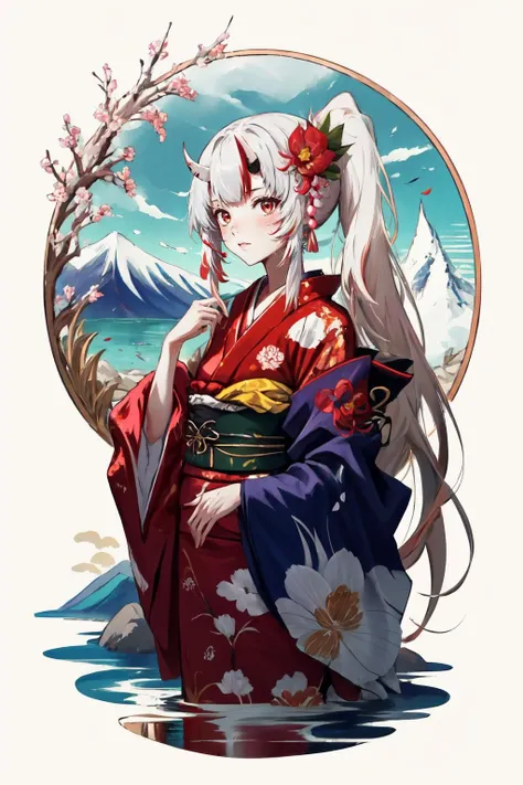 Highly detailed, High Quality, Masterpiece, beautiful, <lora:FallenMJStyle:1>, Nakiri Ayame, long hair, side ponytail, AyameNewYears, red kimono, floral print, hair flower, sash, wide sleeves, <lora:Char_VTuber_NakiriAyame:0.85>, white background, scenery, ink, mountains, water, trees