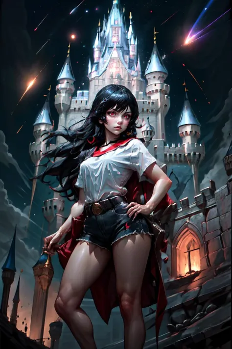 Highly detailed, High Quality, Masterpiece, beautiful, <lora:FallenMJStyle:1>, Nevin, red eyes, white shirt, <lora:Char_OC_Nevin:0.75>, <lora:Other_MoreDetails:0.5>, black hair, long hair, red eyes, shirt, white shirt, shorts, short shorts, black shorts, cloud, moon, Hogwarts, (castle hill:1.4), night sky, stand on street, shooting star, (strong pose:1.4)