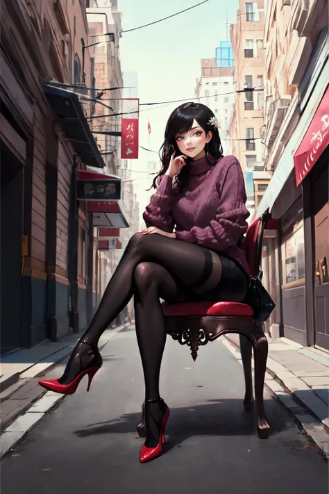 Highly detailed, High Quality, Masterpiece, beautiful,  <lora:FallenMJStyle:1>, outdoors, full body, high heels, black legwear, sweater, sitting, crossed legs, smile,
