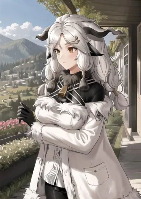 masterpiece, best quality, highres, 1girl, garden background ,valais, black sheep ears, fur trim white sweater, fur trim white coat, cowbell, shirt, black gloves, fur trim, standing, <lyco:valais_V11:0.88>
