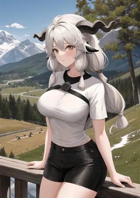 masterpiece, best quality, highres, 1girl, moutain background ,valais, black sheep ears, <lyco:valais_V11:0.65>, white t- shirt, black shorts, cowboy shots, sheep horns