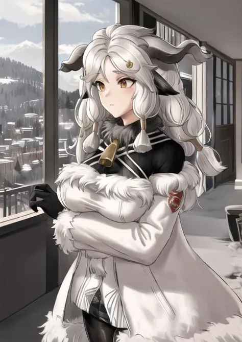 masterpiece, best quality, highres, 1girl, city background ,valais, black sheep ears, fur trim white sweater, fur trim white coat, cowbell, shirt, black gloves, fur trim, standing, <lyco:valais_V11:0.88>