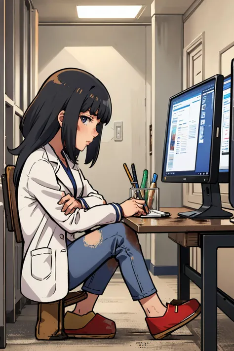 masterpiece, best quality, <lora:Caraliss:0.7> caraliss, labcoat, dirty, dirt on clothes, pants, slippers, looking at viewer, crossed arms, computer, laboratory, from side