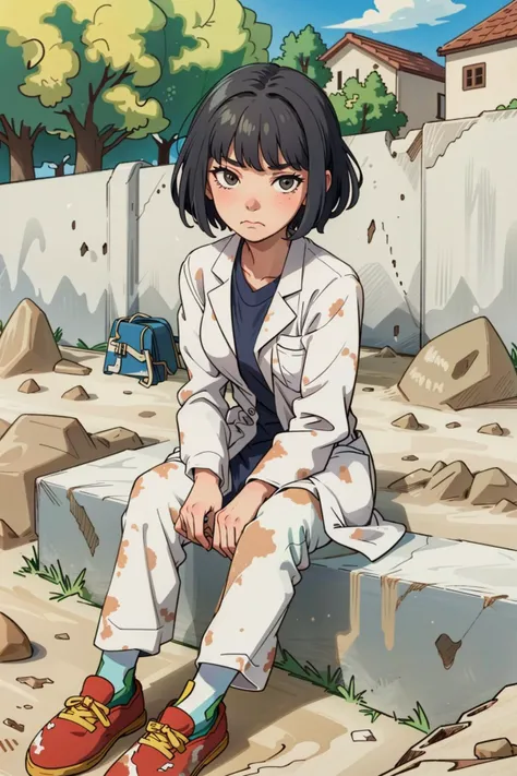 masterpiece,best quality,1girl,caraliss,sitting on rock,full body,labcoat,pants,short hair,slippers,looking at viewer,frown,dirty,dirt on clothes,((in dirt pit,outdoors)), <lora:Caraliss:0.65>, <lora:LORA-XenoDetailer-v2:0.1>