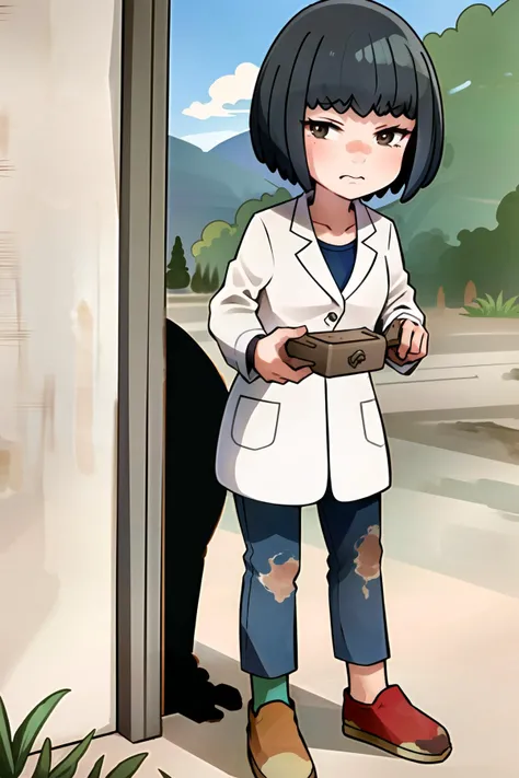 masterpiece,best quality,1girl,caraliss,standing,full body,labcoat,pants,short hair,slippers,looking at viewer,frown,dirty,dirt on clothes,outdoors,in open pit mine, <lora:Caraliss:0.85>, <lora:LORA-XenoDetailer-v2:0.1>
