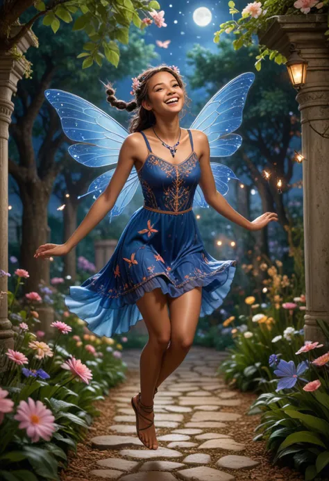 (medium full shot) of (radiant fairy) young woman, brazilian, brown eyes, tan skin, athletic build, wearing a __cf-fairy/dress__, delicate sandals with fairy dust, sapphire blue half-up, half-down with tiny braids, delicate dragonfly wings, floral face paint,delicate fairy wings necklace, laughing, jumping in the air, set in an ancient garden, where the trees are tall and the flowers are vibrant, and the air is thick with the scent of history and magic , under the moonlight, Masterpiece,best quality, photorealistic, amazing quality, very aesthetic, extremely detailed face,