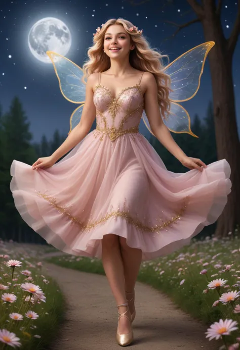 (medium full shot) of (otherworldly fairy) young woman, italian, green eyes, tan skin, curvy, wearing a __cf-fairy/dress__, gold ballet flats, pastel pink long, flowing hair with floral accents, sparkling fairy wings, glittery mascara,star-shaped brooch, laughing, jumping in the air, set in a magical flower meadow, where each bloom has a unique, otherworldly color and the air shimmers with enchantment, under the moonlight, Masterpiece,best quality, photorealistic, amazing quality, very aesthetic, extremely detailed face,