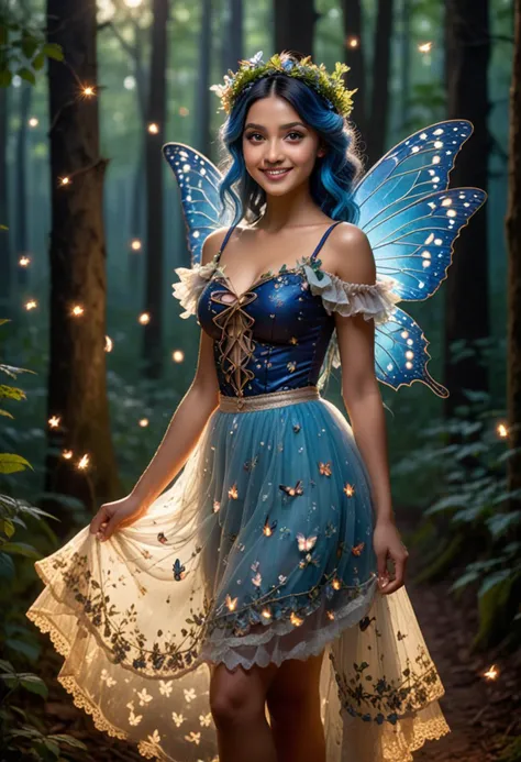 (medium full shot) of (radiant fairy) young woman, indian, brown eyes, darker skin tone, curvy, wearing a floral blouse,layered tulle skirt, delicate lace-up sandals, deep blue hair tied with a delicate crown of flowers, translucent butterfly wings, glittery mascara,intricate vine bracelet, smiling at the viewer, set in a moonlit forest, where the trees cast long shadows on the ground, and the glow of fireflies illuminates the fairy paths, at sunset, Masterpiece,best quality, photorealistic, amazing quality, very aesthetic, extremely detailed face,