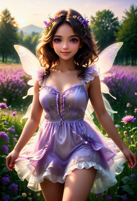 (medium full shot) of (magical fairy) young woman, spanish, dark brown eyes, tan skin, slender,             wearing a __cf-fairy/dress__, delicate lace-up sandals, lavender loose curls with fairy dust, iridescent wings, floral face paint,fairy dust pouch, smiling at the viewer, set in  a blooming meadow, where the flowers seem to glow with an inner light, and fairies flit from blossom to blossom, spreading magic, at sunset, ,Masterpiece,best quality, photorealistic, amazing quality, very aesthetic, extremely detailed face,