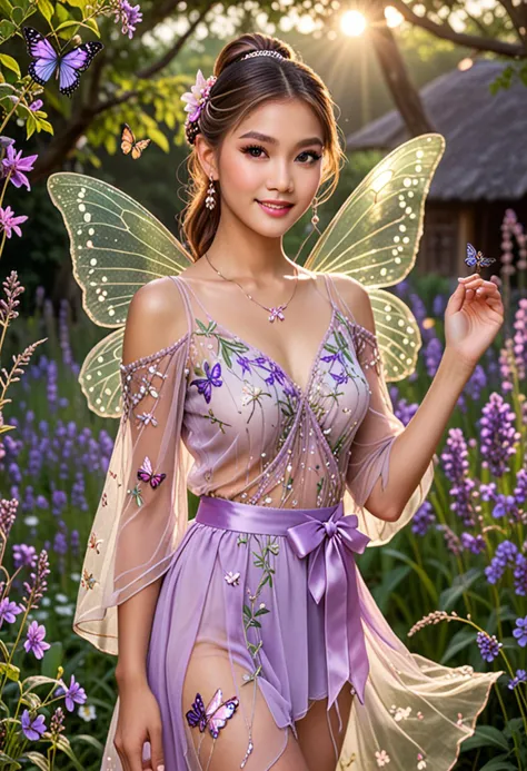 (medium full shot) of (graceful fairy) young woman, thai, brown eyes, light brown skin, petite, wearing a sheer blouse with ethereal patterns,magical wrap skirt with vine accents, floral-embroidered flats, lavender sleek ponytail adorned with ribbons, translucent butterfly wings, iridescent lip gloss,enchanted key pendant, smiling at the viewer, set in a wildflower meadow, where the flowers grow in abundance, creating a sea of color, and fairies gather to celebrate nature's beauty, under the moonlight, Masterpiece,best quality, photorealistic, amazing quality, very aesthetic, extremely detailed face,