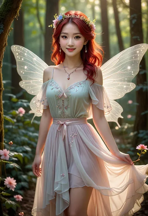 (medium full shot) of (radiant fairy) young woman, chinese, dark eyes, fair skin, petite,             wearing a flowing chiffon blouse,layered tulle skirt, delicate sandals with fairy dust, ruby red hair tied with a delicate crown of flowers, iridescent wings, sparkling eyeshadow,beaded necklace with a glowing pendant, smiling at the viewer, set in  a whimsical forest, where every tree has a unique shape and color, and the air is filled with the sweet scent of blooming flowers, at dawn, Masterpiece,best quality, photorealistic, amazing quality, very aesthetic, extremely detailed face,