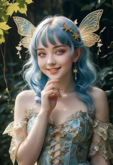 (medium full shot) of (mystical fairy) young woman, voluptuous build, heterochromia eyes, korean, pale skin, blue hair adorned with vines and leaves,  wearing a brocade dress with moon accents, delicate lace-up sandals, translucent butterfly wings, glittery mascara,star-shaped brooch holding a fairy dust pouch, set in  divine clearing where the sun casts long shadows and the air is thick with the scent of celestial incense , woman smiling, detailed face, ,Masterpiece,best quality, raw photo, realistic, very aesthetic