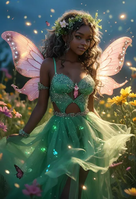 (medium full shot) of (radiant fairy) young woman, full-figured build, pink eyes, south african, dark skin, light green wavy hair cascading down her back, wearing a tulle dress with mystical designs, crystal-embellished slippers, translucent butterfly wings, sparkling eyeshadow,crystal-embellished belt enchanted bracelet with tiny charms holding a fairy dust pouch, set in a dew-kissed meadow, where the morning sun creates a sparkling effect on the flowers, the air is crisp and fresh, under the moonlight, woman smiling, detailed face, ,Masterpiece,best quality, photo, realistic, very aesthetic