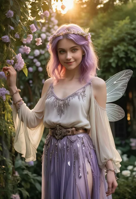 (medium full shot) of (delicate fairy) young woman, slender build, light yellow eyes, swedish, fair skin, violet hair with ethereal glowing strands,  wearing a flowing chiffon blouse,layered tulle skirt, jeweled sandals, shimmering fairy wings, lip gloss,holding a fairy dust pouch crystal-embellished belt shimmering arm cuffs, set in  an ancient garden, where the trees are tall and the flowers are vibrant, the air is thick with the scent of history and magic, at sunset, woman smiling, detailed face, ,Masterpiece,best quality, raw photo, realistic, very aesthetic