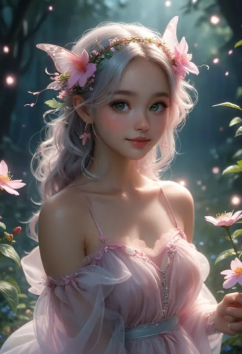 (medium full shot) of (magical fairy) young woman, busty build, pink eyes, brazilian, tan skin, pink half-up half-down hair with tiny braids,  wearing a enchanted vine wrap top,ethereal tulle pants, silver ballet flats, translucent butterfly wings, lip gloss,delicate floral crown holding a fairy dust pouch, set in  a mystical blooming meadow, with ethereal lights, fragrant flowers, an enchanting aura, under the moonlight, woman smiling, detailed face, ,Masterpiece,best quality, photo, realistic, very aesthetic