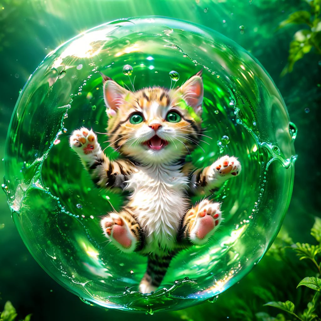 cute kitten floating inside green bubble in space, perfect body,high detail, realistic, light effect, hyper detail, volumetric lighting, cinematic, macro, depth of field, blur, surreal landscape, imagination swirling, dreamworld, octane render, excellent composition, dynamic dramatic cinematic, art by mooncryptowow, <lora:WowifierXL-V2:0.7> <lora:xl_more_art-full_v1:1> , splashes of color and creative chaos, <lora:AI_Overlord_Santas_-_The_Green_Team_LoRA:0.8>, greenteam,