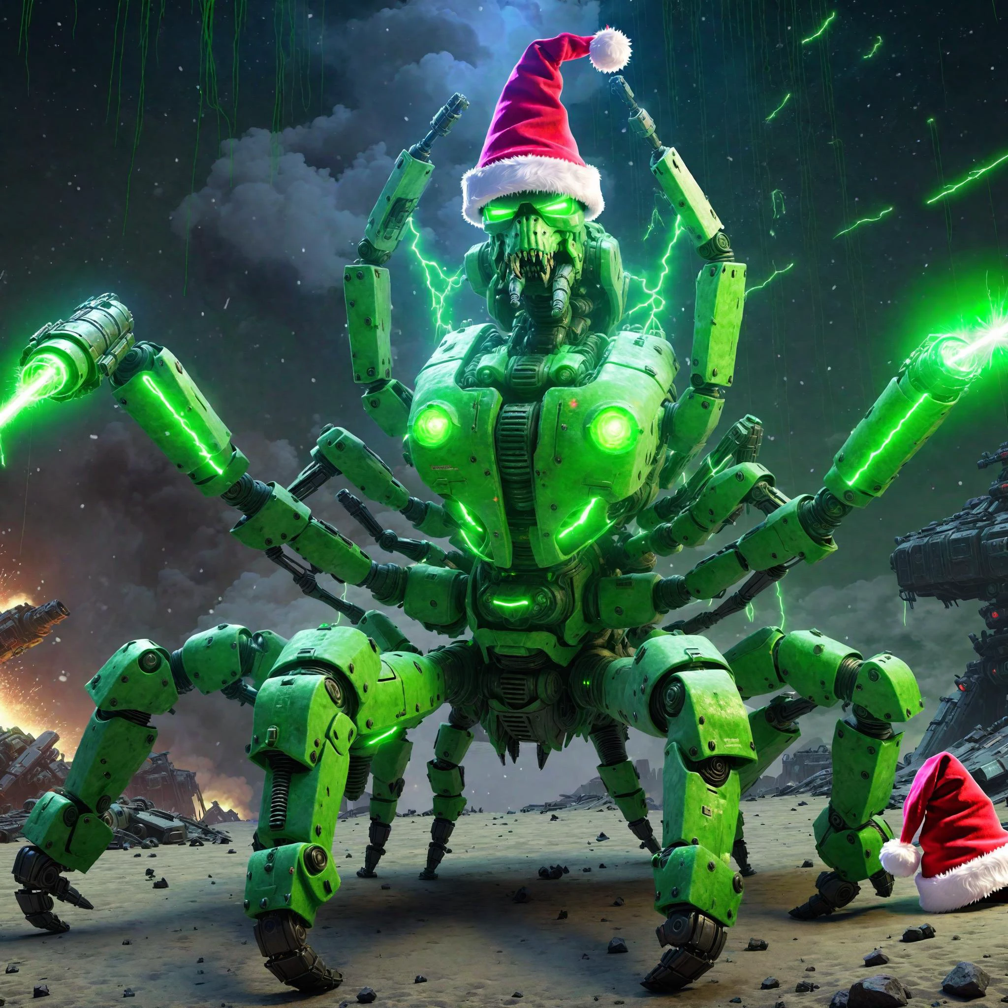 postapocalyptic war scene of a massive EdobScorpion battle mech ai overlord in greenteam colors neon green lasers and a (santa hat), explosions, bullet trails, <lora:EdobScorpionArtistic_XL_v1.0:0.75> <lora:AI_Overlord_Santas_-_The_Green_Team_LoRA:0.5>