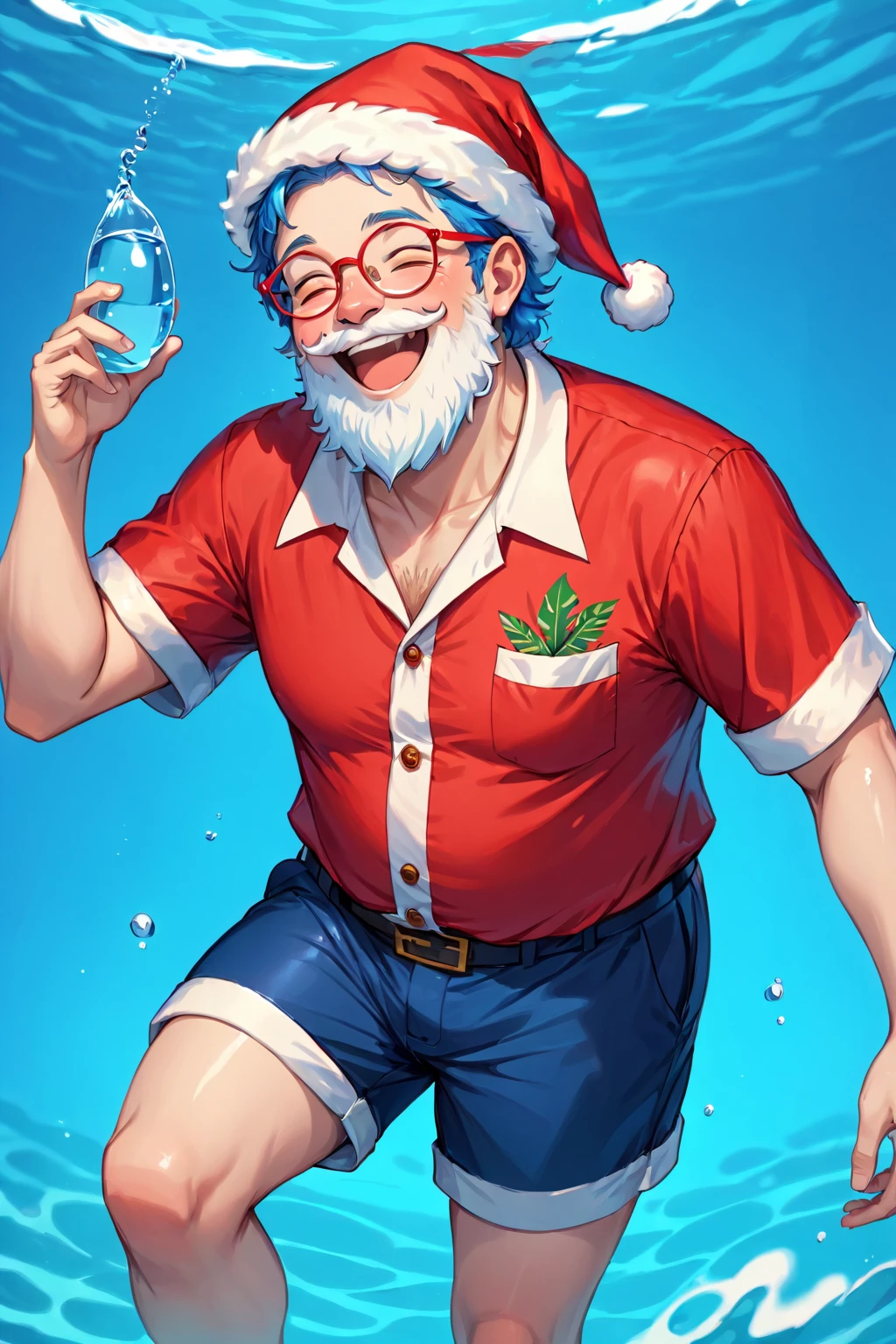 Santa Overlords Style, solo, smile, shirt, 1boy, hat, holding, closed eyes, short sleeves, male focus, glasses, shorts, water, facial hair, blue shirt, red headwear, innertube, afloat, leg hair, hawaiian shirt, <lora:AI_Overlord_Santas_-_The_Green_Team_LoRA:1>