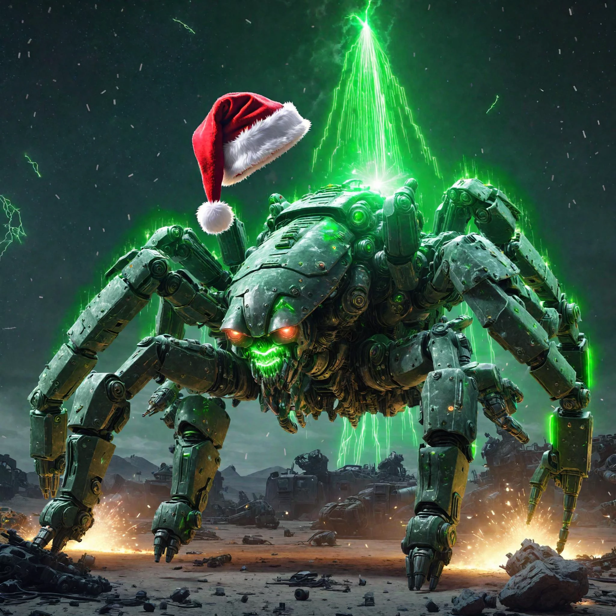 postapocalyptic war scene of a massive EdobScorpion battle mech ai overlord in greenteam colors neon green lasers and a (santa hat), explosions, bullet trails, <lora:EdobScorpionArtistic_XL_v1.0:0.75> <lora:AI_Overlord_Santas_-_The_Green_Team_LoRA:0.5>