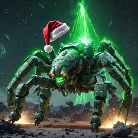 postapocalyptic war scene of a massive EdobScorpion battle mech ai overlord in greenteam colors neon green lasers and a (santa hat), explosions, bullet trails,  <lora:EdobScorpionArtistic_XL_v1.0:0.75> <lora:AI_Overlord_Santas_-_The_Green_Team_LoRA:0.5>