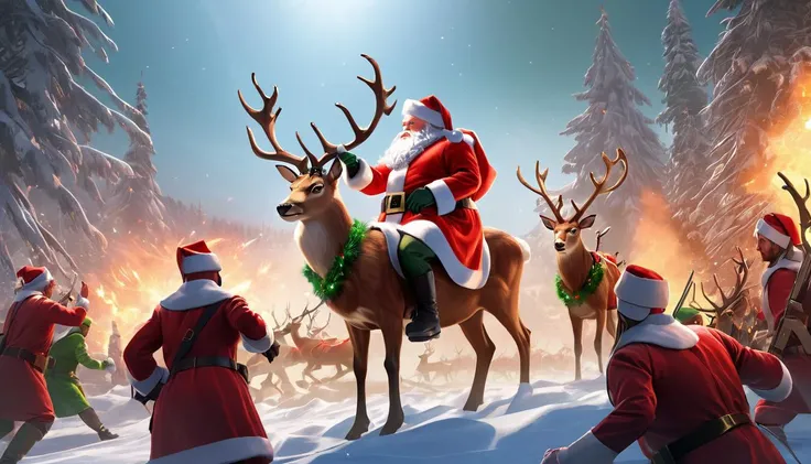 Christmas battle, war, battlefield, fantasy, sci-fi, science fiction, red, green, blue, yellow, greenteam, artificial intelligence, Santas, reindeer, elves, mercenaries, glowing, vivid, extremely beautiful glowing piercing eyes, cinematic scene, hero view, action pose, scenery, detailed background, masterpiece, best quality, high quality, absurdres <lora:AI_Overlord_Santas_-_The_Green_Team_LoRA:1>
