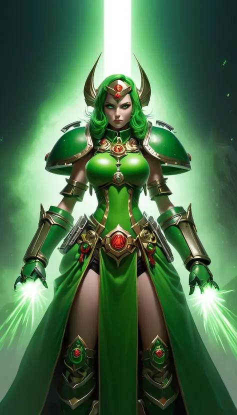 Troop, female AI overlord santas as warhammer 40k faction, green armor, sci fi, greenteam, artificial intelligence, glowing, vivid, extremely beautiful glowing piercing eyes, cinematic scene, hero view, action pose, scenery, detailed background, masterpiece, best quality, high quality, absurdres, 8k, elegant, epic, intricate, stunning <lora:AI_Overlord_Santas_-_The_Green_Team_LoRA:1>