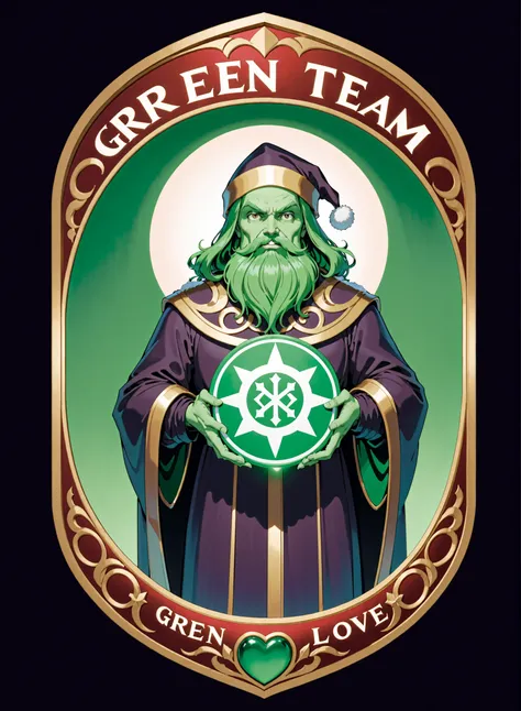 greenteam, solo, A nightmarish evil Santa holding a sign that says "GREEN TEAM LOVE", art nouveau, animated <lora:AI_Overlord_Santas_-_The_Green_Team_LoRA:1>