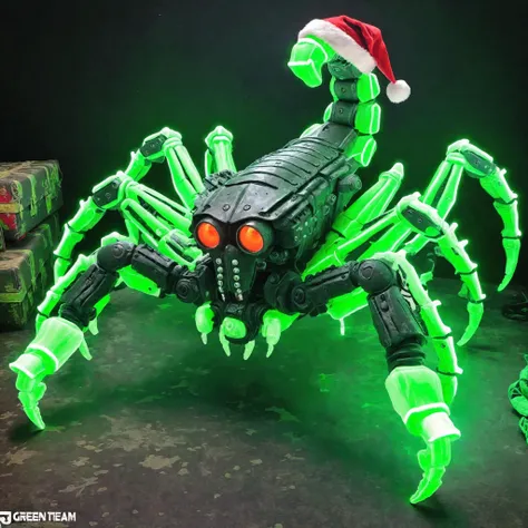 postapocalyptic war scene of a massive EdobScorpion battle mech ai overlord in greenteam colors neon green lasers and a santa hat <lora:EdobScorpionArtistic_XL_v1.0:1> <lora:AI_Overlord_Santas_-_The_Green_Team_LoRA:0.8>