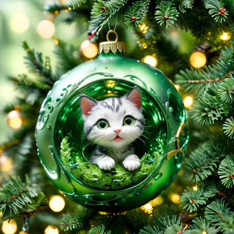 cute kitten inside green christmas ornament on tree,  perfect body, high detail, realistic, light effect, hyper detail, volumetric lighting, cinematic, macro, depth of field, blur, surreal landscape, imagination swirling, dreamworld, octane render, excellent composition, dynamic dramatic cinematic, art by mooncryptowow,   <lora:WowifierXL-V2:0.7> <lora:xl_more_art-full_v1:1> , <lora:AI_Overlord_Santas_-_The_Green_Team_LoRA:0.3>, greenteam,