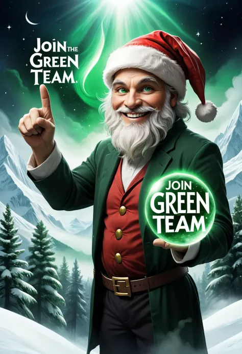 [:("Join the green team" text logo:1.3), green, black, american background, (simple background:1.5) , (black:1.1), (double exposure art:1.5):3], [Uncle Sam with (Santa hat:1.2) : Green Santa with a huge smile: 8] (pointing at viewer:1.4), <lora:Harrlogos_v2.0:0.8> . magnificent, celestial, ethereal, painterly, epic, majestic, magical, fantasy art, cover art, dreamy <lora:AI_Overlord_Santas_-_The_Green_Team_LoRA:0.2> greenteam