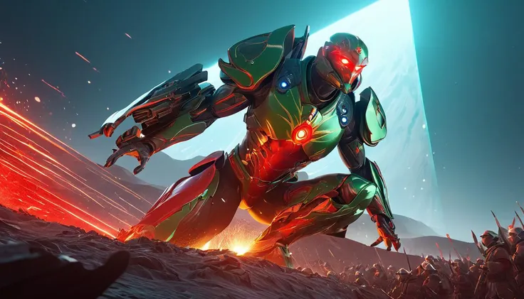 Christmas battle, war, battlefield, fantasy, sci fi, science fiction, red, green, blue, yellow, greenteam, artificial intelligence, glowing, vivid, extremely beautiful glowing piercing eyes, cinematic scene, hero view, action pose, scenery, detailed background, masterpiece, best quality, high quality, absurdres, 8k, elegant, epic, intricate, stunning <lora:AI_Overlord_Santas_-_The_Green_Team_LoRA:1>