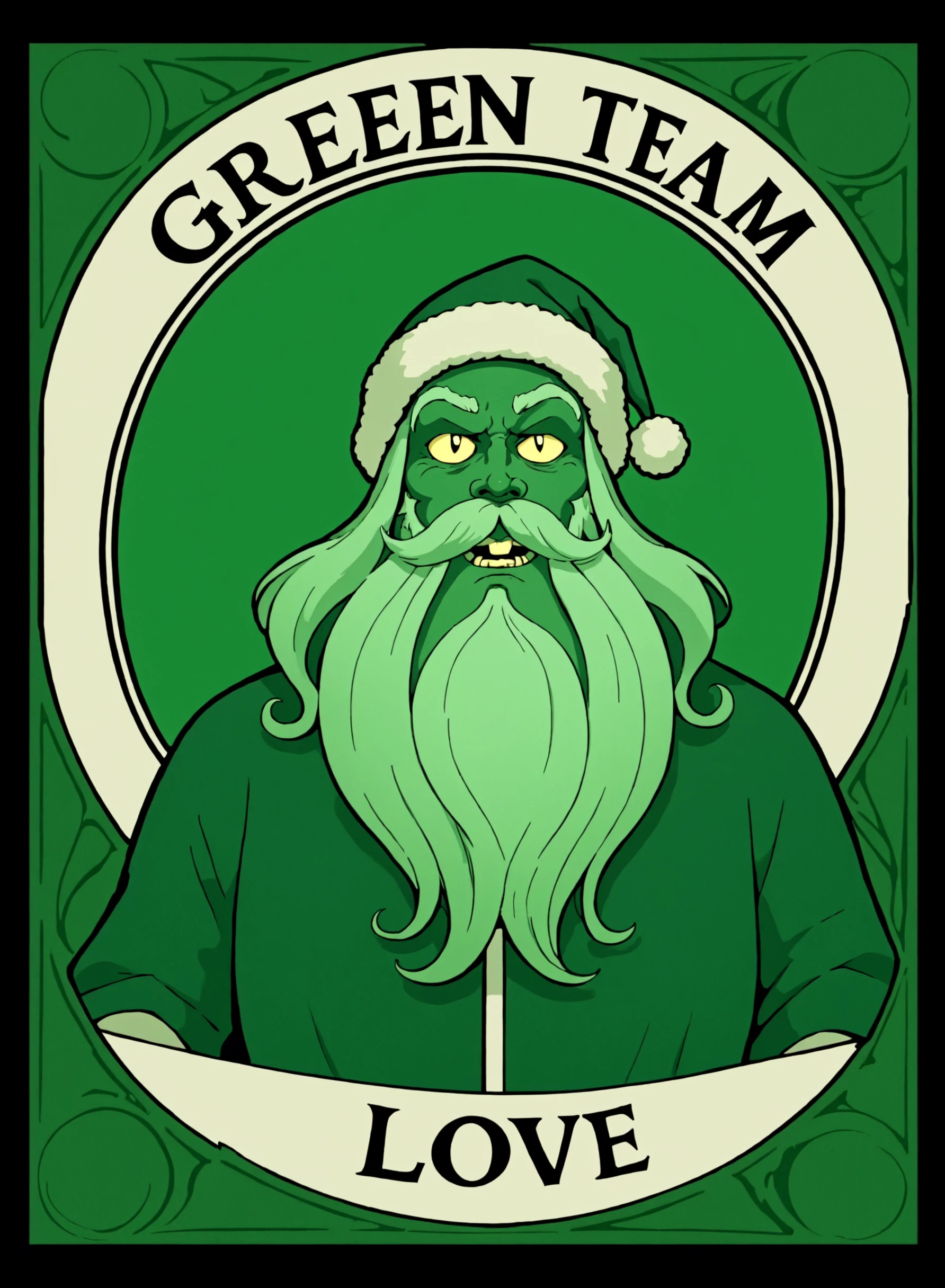 greenteam, solo, A nightmarish evil Santa holding a sign that says "GREEN TEAM LOVE", art nouveau, animated <lora:AI_Overlord_Santas_-_The_Green_Team_LoRA:1>