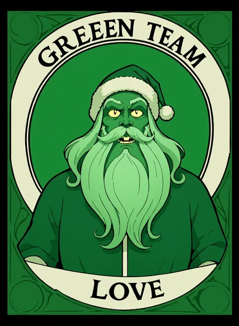 greenteam, solo, A nightmarish evil Santa holding a sign that says "GREEN TEAM LOVE", art nouveau, animated <lora:AI_Overlord_Santas_-_The_Green_Team_LoRA:1>