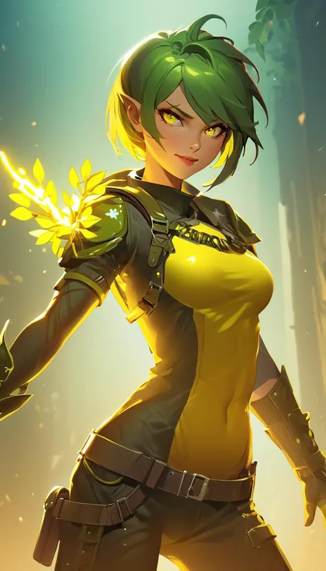 Evil female Mistletoe Mercenary, yellow team, smirk, glowing, vivid, extremely beautiful glowing piercing eyes, cinematic scene, hero view, action pose, scenery, detailed background, masterpiece, best quality, high quality, absurdres  <lora:AI_Overlord_Santas_-_The_Green_Team_LoRA:1>