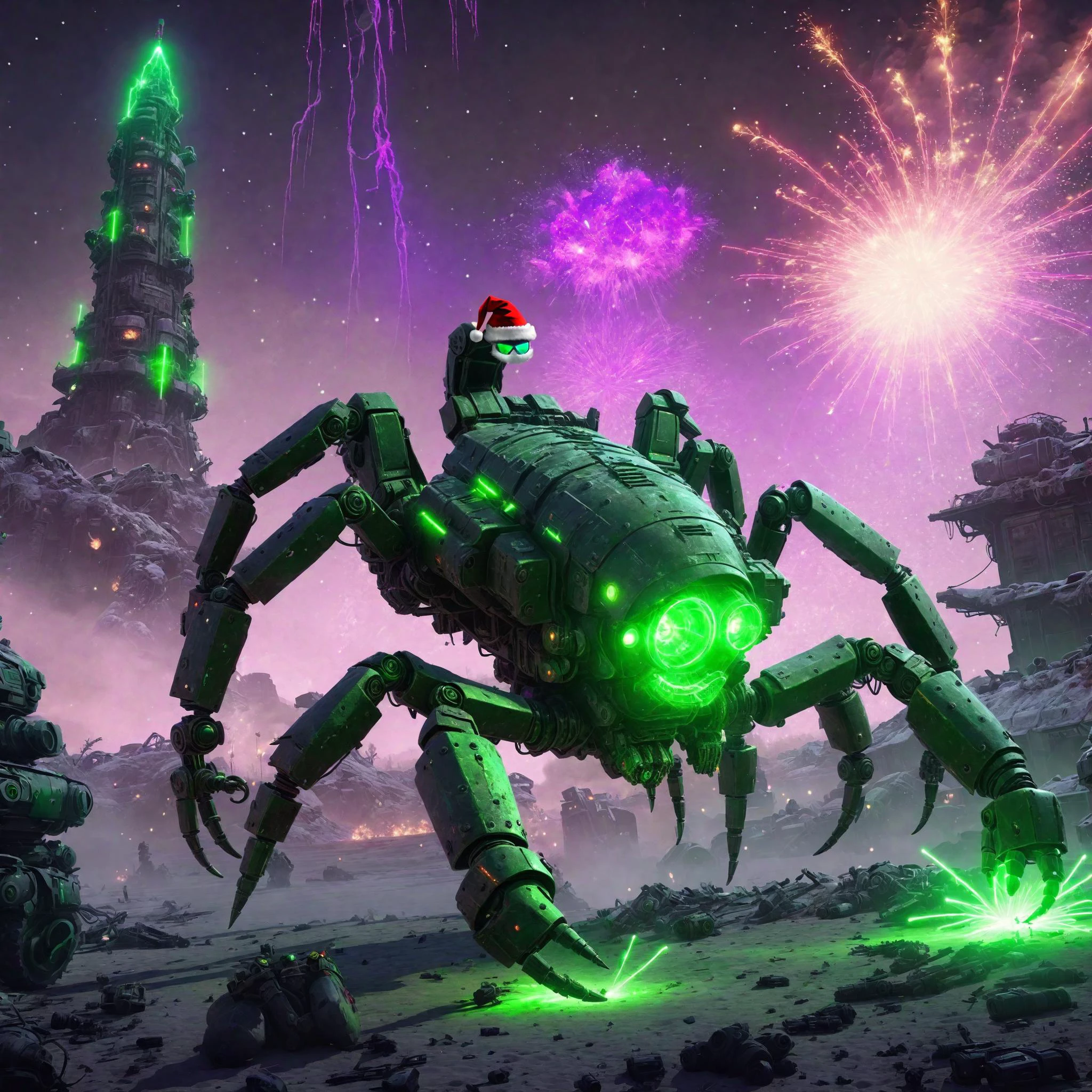 postapocalyptic war scene of a massive EdobScorpion battle mech ai overlord in greenteam colors neon green lasers and a (santa hat), explosions, bullet trails, <lora:EdobScorpionArtistic_XL_v1.0:0.75> <lora:AI_Overlord_Santas_-_The_Green_Team_LoRA:0.5>